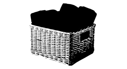 Woven Rectangular Basket with Dark Contents, Featuring Handle Cutouts and Textured Weave.