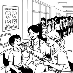 Young Boy Receiving Dental Checkup from Dentist and Assistant in Clinic.