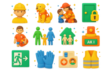 3D Safety Icons Collection. Safety. 3D icons set of safety: person with helmet, rescue dog, firefighter helping child, lifeguard with buoy, family holding