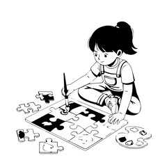 Young Girl Painting Puzzle Pieces with Brush, Creative Activity Illustration.