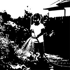 Young Girl Watering Plants with Hose, Silhouette Style, Outdoor Scene.