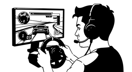 Young Man Focused on Racing Game, Holding Steering Wheel, Wearing Headset.