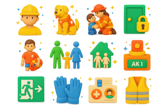 3D Safety Icons Collection. Safety. 3D icons set of safety: person with helmet, rescue dog, firefighter helping child, lifeguard with buoy, family holding