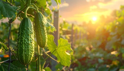 Cucumbers Growing on Vine at Sunset.