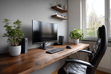 A computer desk with a large monitor, keyboard, and mouse