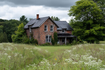 A large brick house sits in a field of tall grass