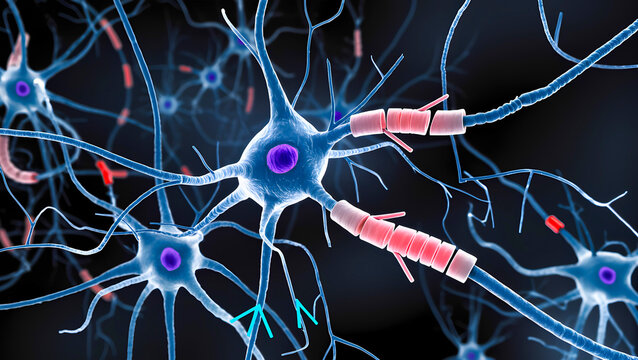 Three-dimensional image of nerve cells (neurons) with damaged myelin sheath. Concept of multiple sclerosis or other neurodegenerative diseases.