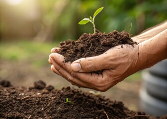Human hand holding moist dark earth closeup photography in natural light textured soil with visible root fibers