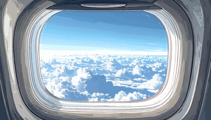 Fototapeta premium Airplane window view of clouds and blue sky