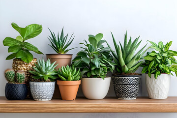 Obraz premium A collection of various potted plants arranged on a wooden shelf against a white wall.