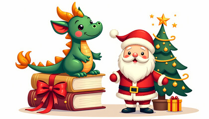 Cute Christmas dragon with Santa Claus and decorated tree, joyful festive illustration with gifts and books, holiday fantasy art for seasonal designs