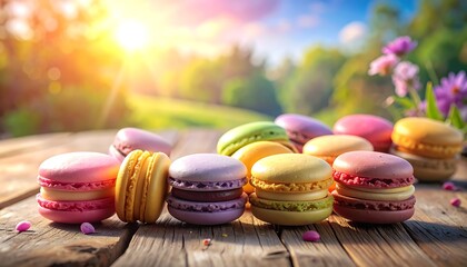 Colorful Macarons on Wooden Table.