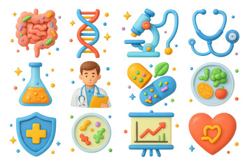 Health Science Icons. Health Science. 3D icons set of health science: intestine with bacteria, DNA strand, microscope, stethoscope, lab flask, doctor with