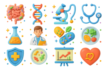 Health Science Icons. Health Science. 3D icons set of health science: intestine with bacteria, DNA strand, microscope, stethoscope, lab flask, doctor with