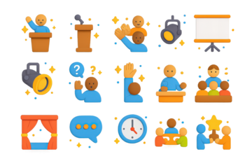 Public Speaking Icons. Public Speaking. 3D icons set of public speaking: speaker on stage, podium with microphone, audience clapping, projector screen,