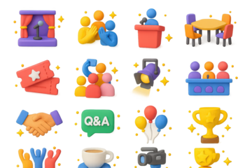 Event Icons Extravaganza. Event. 3D icons set of event: stage with microphone, crowd clapping, speaker at podium, conference table, event tickets, group