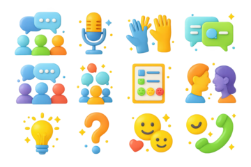 3D Communication Icons. Communication. 3D icons set of communication: audience with speech bubbles, microphone, megaphone, group discussion, raised hands,