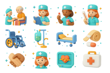 Nursing Icons Collection. Nursing. 3D icons set of nursing: nurse helping patient, nurse with clipboard, nurse giving medicine, nurse with thermometer,