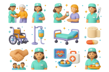 Nursing Icons Collection. Nursing. 3D icons set of nursing: nurse helping patient, nurse with clipboard, nurse giving medicine, nurse with thermometer,