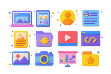 3D Digital Portfolio Icons. Digital Portfolio. 3D icons set of digital portfolio: laptop with gallery screen, tablet with portfolio grid, profile photo icon,