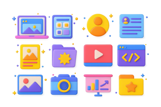 3D Digital Portfolio Icons. Digital Portfolio. 3D icons set of digital portfolio: laptop with gallery screen, tablet with portfolio grid, profile photo icon,