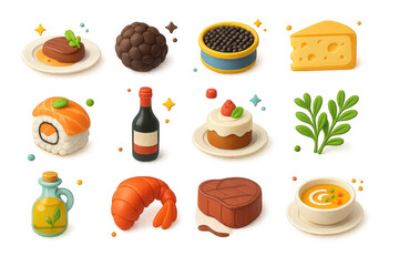3D Gourmet Icons. Gourmet. 3D icons set of gourmet: plated dish with garnish, truffle, caviar tin, fine cheese, sushi roll, wine bottle, dessert plate, herb
