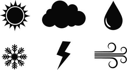 Six flat black silhouettes: sun, cloud, raindrop, snowflake, lightning, wind swirl on white background.