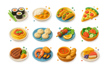 World Cuisine Icon Set. World Cuisine. 3D icons set of world cuisine: sushi rolls, curry plate, taco platter, pizza slice, pasta dish, dumplings, kebab skewer,