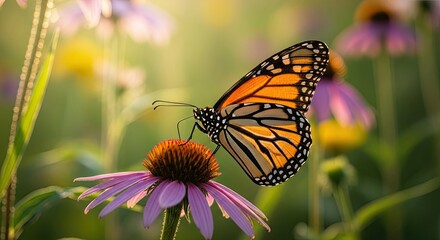 Naklejka premium Monarch Butterfly on Purple Coneflower in Soft Sunlight