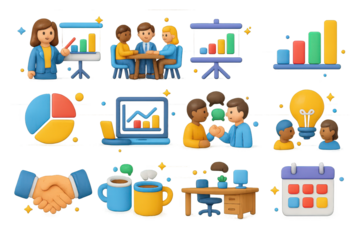 Vibrant Business Icons. Business Meeting. 3D icons set of business meeting: businesswoman presenting, employees at table, presentation screen, bar chart, pie