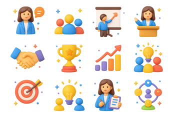 3D Leadership Icons. Leadership. 3D icons set of leadership: businesswoman speaking, team listening, leader pointing at chart, podium, handshake, award trophy,