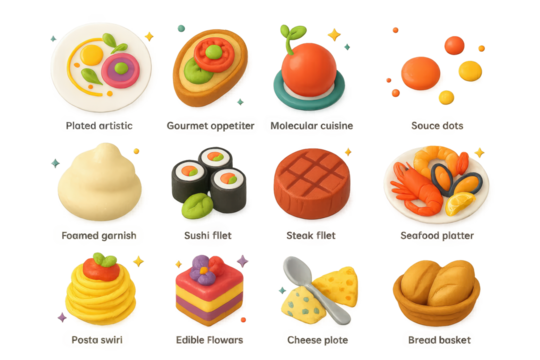 Gastronomy Icons Extravaganza. Gastronomy. 3D icons set of gastronomy: plated artistic dish, gourmet appetizer, molecular cuisine sphere, sauce dots, foamed