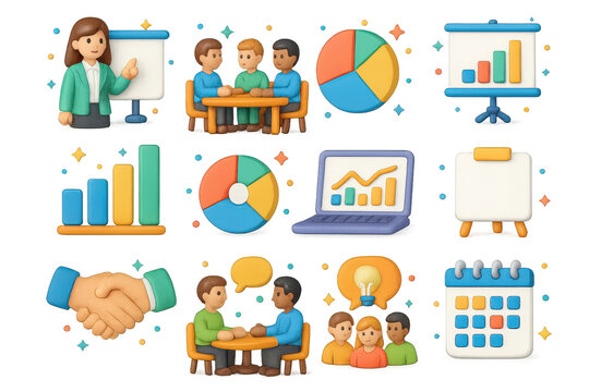 Vibrant Business Icons. Business Meeting. 3D icons set of business meeting: businesswoman presenting, employees at table, presentation screen, bar chart, pie - Powered by Adobe