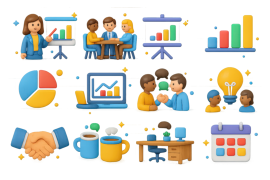 Vibrant Business Icons. Business Meeting. 3D icons set of business meeting: businesswoman presenting, employees at table, presentation screen, bar chart, pie