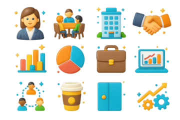 Corporate 3D Icons Collection. Corporate. 3D icons set of corporate: businesswoman in suit, team around table, office building, handshake, bar chart, pie