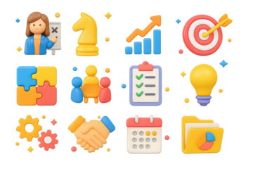 3D Strategy Icons. Strategy. 3D icons set of strategy: businesswoman leading planning session, chess piece, upward arrow graph, target with arrow, puzzle