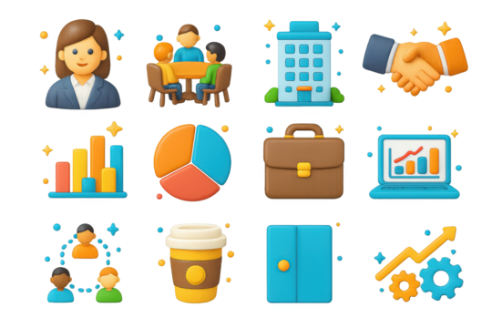 Corporate 3D Icons Collection. Corporate. 3D icons set of corporate: businesswoman in suit, team around table, office building, handshake, bar chart, pie