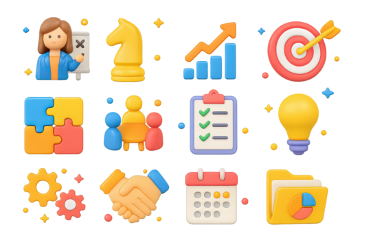 3D Strategy Icons. Strategy. 3D icons set of strategy: businesswoman leading planning session, chess piece, upward arrow graph, target with arrow, puzzle