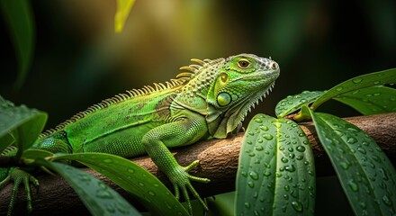 Obraz premium Vibrant Green Iguana Perched on a Lush Rainforest Branch