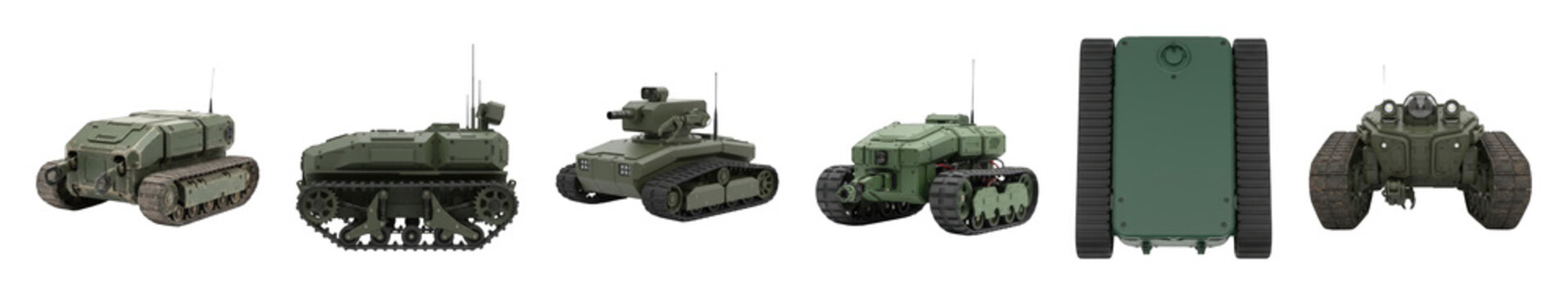 Military unmanned ground vehicle set including combat and reconnaissance robots from multiple views isolated. Modern defense technology and automation collection.