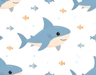 Cute Shark Pattern with Fish.