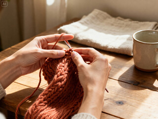 Close-up of hands knitting with thick terracotta yarn in warm morning light