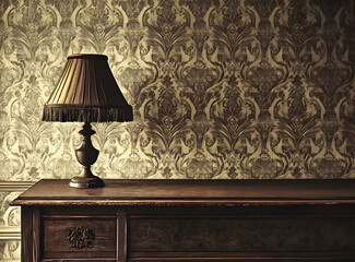 An antique table lamp with a pleated shade sits on a dark wooden sideboard against a wall with ornate damask wallpaper.