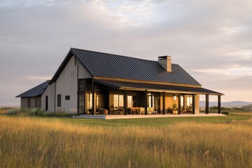 Obraz premium Modern countryside house stands gracefully in a golden field during sunset, reflecting warm light and creating a serene atmosphere