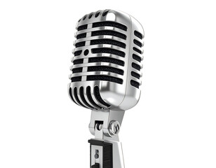 Fototapeta premium Classic Microphone Icon: A close-up studio shot of a vintage, silver microphone, its iconic design and classic aesthetic radiating a timeless appeal.