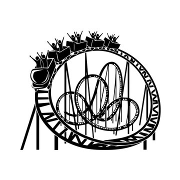 Black and White Roller Coaster with Passengers Enjoying Thrilling Ride.