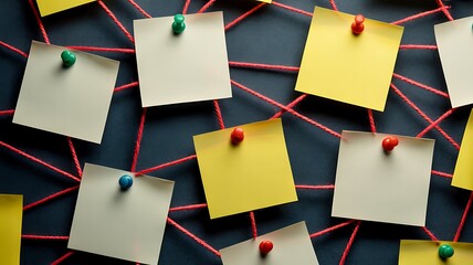 Conceptual image showing interconnected sticky notes with pushpins forming a web of connections and ideas for strategy