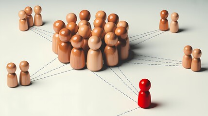 Conceptual representation of social connection and individuality within a collaborative group of wooden figures