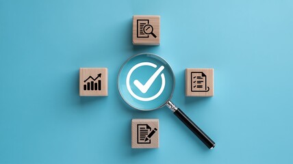 Conceptual representation of quality control and business analysis using checkmark and wooden blocks