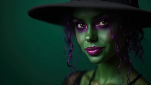Close up portrait of a young woman with creative Halloween witch makeup featuring green face and purple hair on dark background with copy space. Concept of beauty industry,Halloween carnival. 